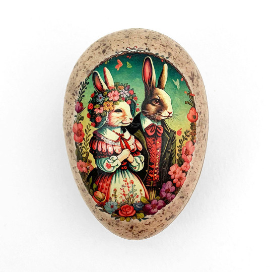 3-1/2" Folkloric Bunnies Speckled Egg Paper Mache Easter Egg Box ~ Germany